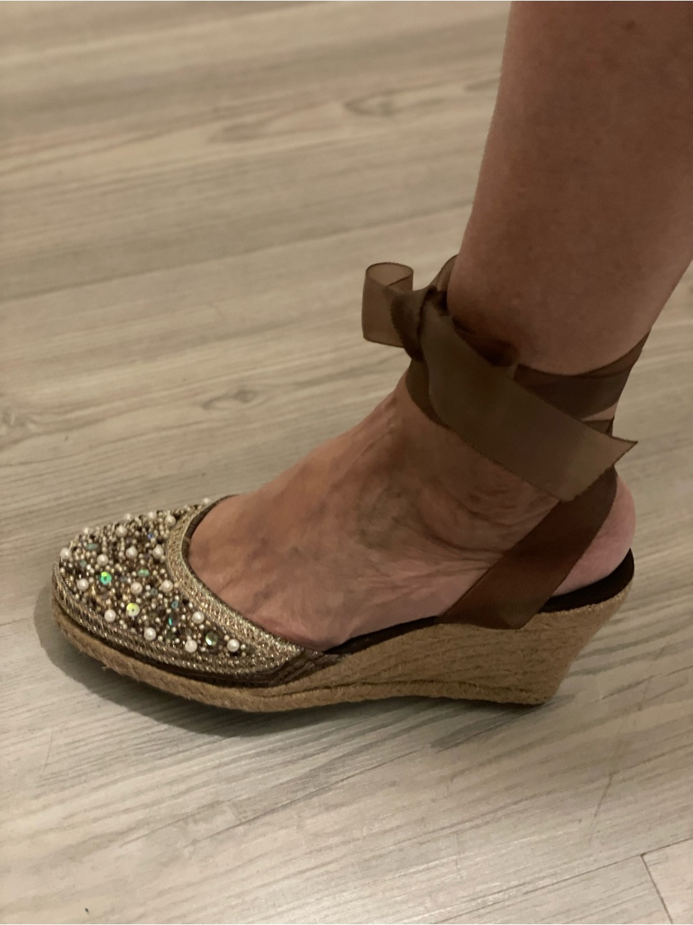 Steve Madden Brown Beaded Espadrille Wedge with Ankle Tie